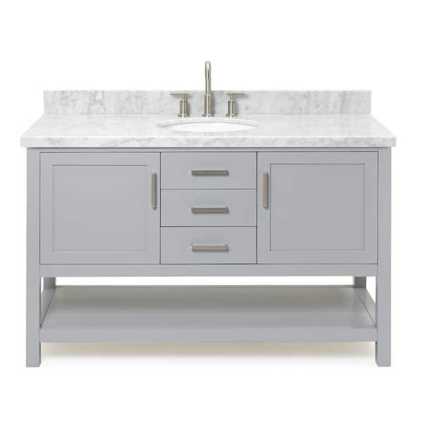 Bayhill 54 in. Single Sink Freestanding Bathroom Vanity in Gray with Carrara White Marble Top