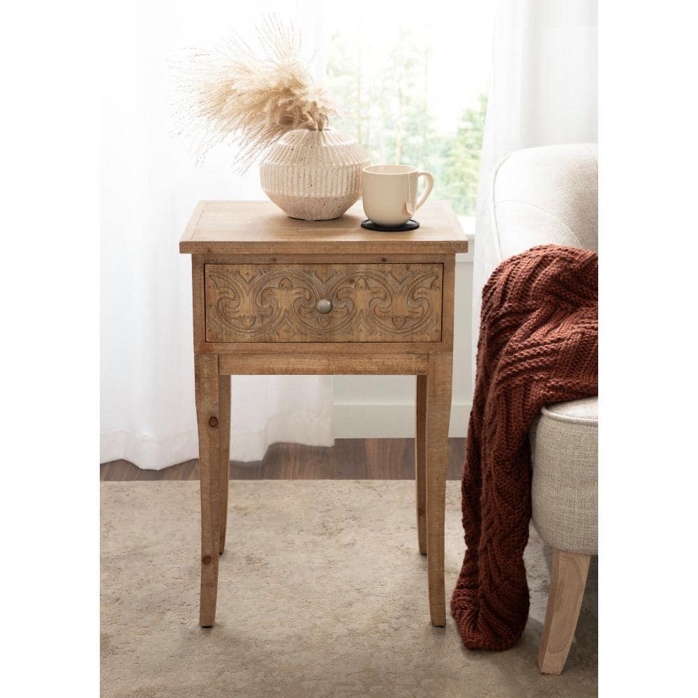 Hazelnut Rustic Wood Side Table with Carved Drawer