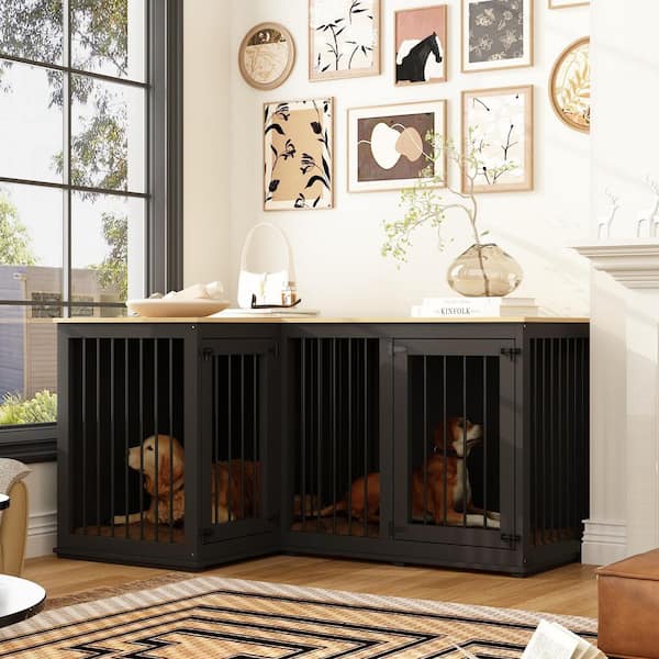 Wooden Dog Crate Furniture for 2 Dogs, Large Double Dog Kennel Corner Dog Pens Cage with Dividers for Medium Dog, Black