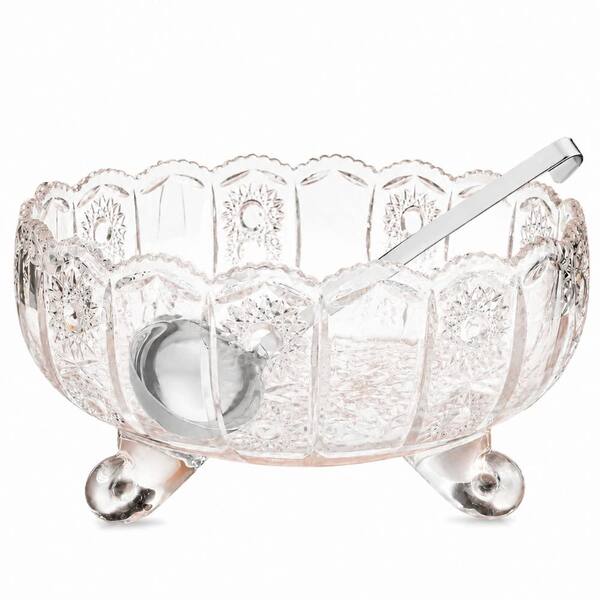 1 Gallon Vintage Borosilicate Glass Punch Bowl with Ladle Floral Etched Party Centerpiece 9.8 x 5.2 in.