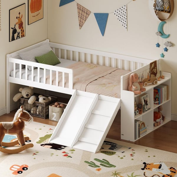 White Twin Size Kids Bed with Slide, Ladder, Storage Shelf, Safety Guardrail, Easy Assembly