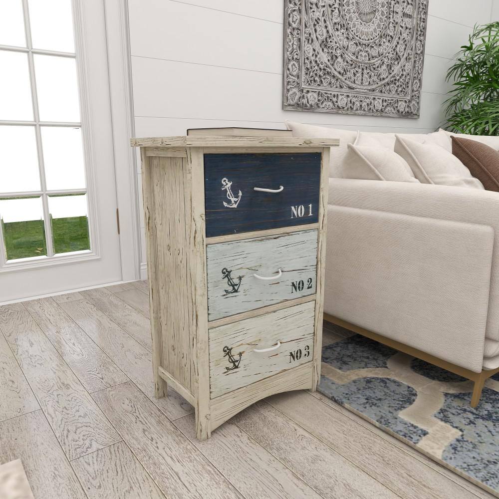 White and Blue Wood Nautical Night Table with Rope Handles