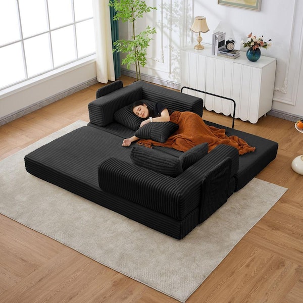 78 in. Black Corduroy King Size Convertible Sleeper Sofa Bed, No