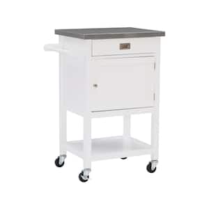 Renee White Kitchen Cart with Storage, Towel Bar, and Shelf