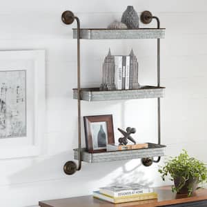 39 in. H x 25 in. W x 10 in. D Black and Galvanized Metal Wall-Mount Bookshelf