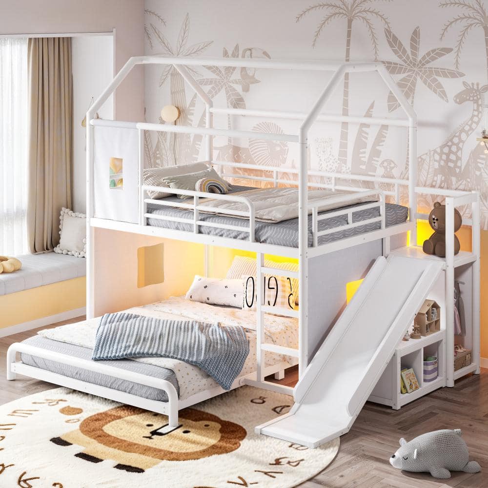 White Metal Full over Full Bunk Bed with LED Light Strip, Slide, Ladder and Movable Storage Cabinet price history on PriceWatchPro