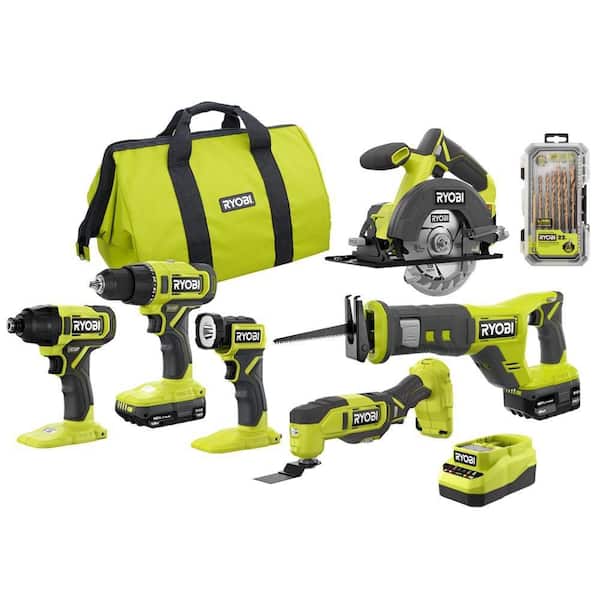 ONE+ 18V Cordless 6-Tool Combo Kit with 1.5 Ah Battery, 4.0 Ah Battery, Charger, and Titanium Drill Bit Set (22-Piece)