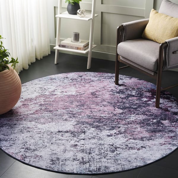 Tacoma Plum/Black 6 ft. x 6 ft. Machine Washable Distressed Gradient Round Area Rug