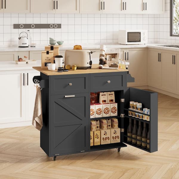 Puluomis Black/Natural Wood 35.4 in. W Kitchen Island Dining Table with Adjustable Shelves and Drawer and Spice and Tower Racks