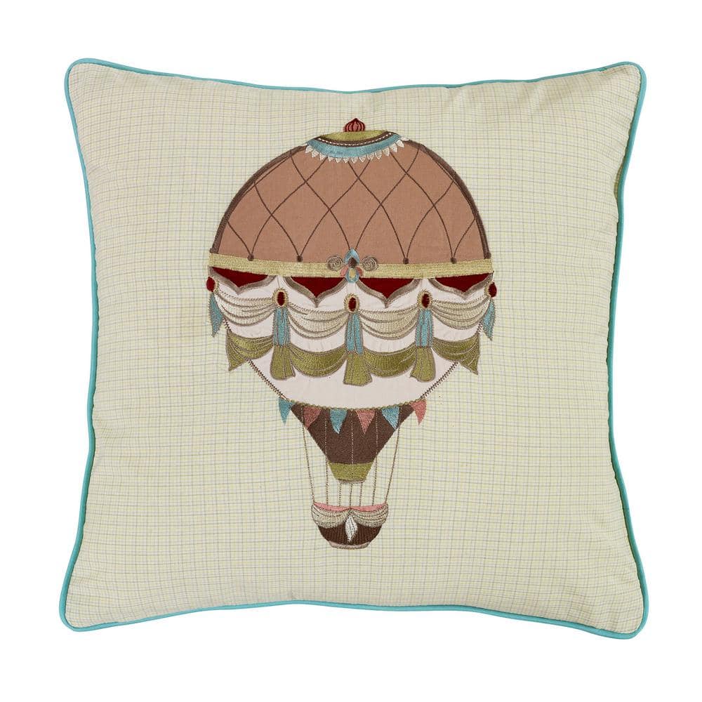 Heritage Balloon Embroidery Cotton Throw Pillow 18" x 18"