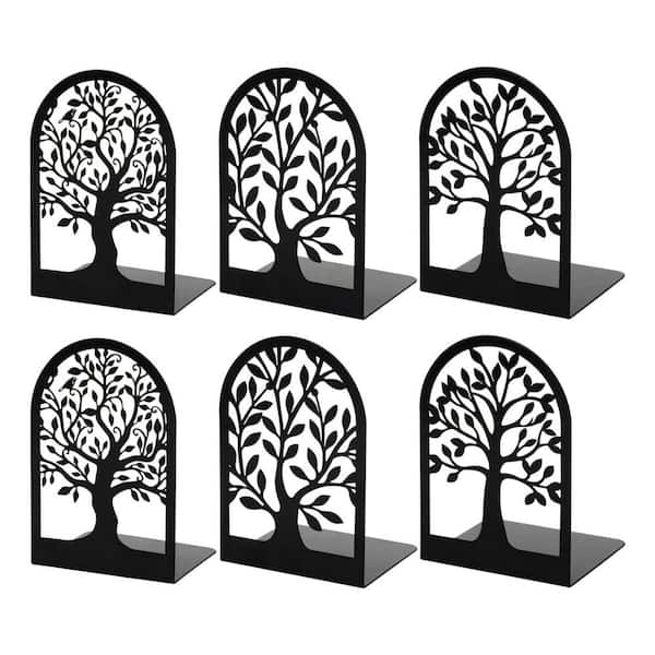 Afoxsos Metal Bookends for Shelves Decorative, Tree Stopper for Heavy Books and for Home Office 3-Pairs, Black