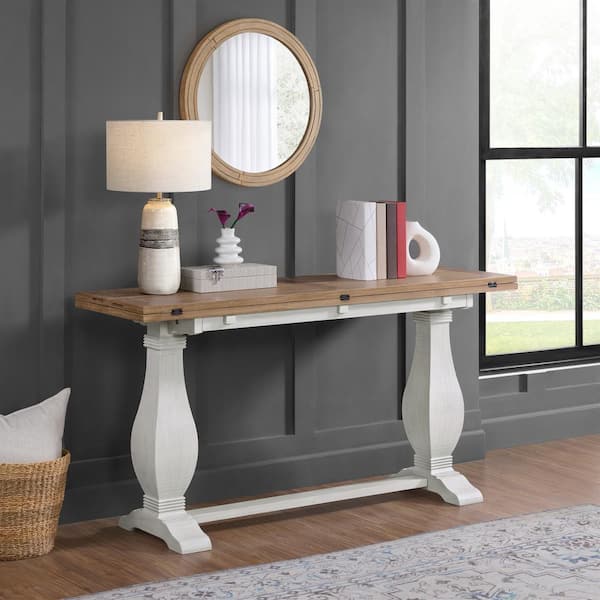 Martin Svensson Home Napa 60 in. White and Driftwood Brown Rectangle Solid Wood Flip-Top Sofa Console Table