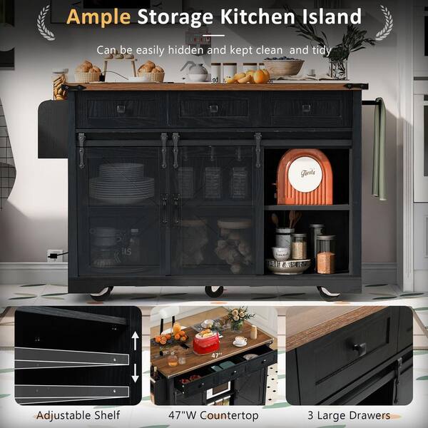 FAMYYT Farmhouse Black Drop Leaf Wood Grain Tabletop 54 in. Large