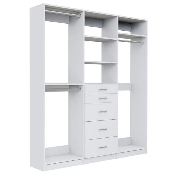 Alto Collection 75 in. W White Wall Mounted Double Hang, 5-Drawer and Tall Hang Wood Closet System