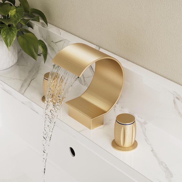 8 in. Widespread Double Handle Bathroom Sink Faucet C Arc Waterfall Spout With Pop-up Drain in Brushed Gold
