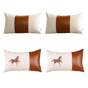 Boho Embroidered Horse Set of 4 Throw Pillow 12" x 20" Vegan Faux Leather Solid Beige & Brown Square for Couch, Bedding