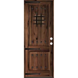 42 in. x 96 in. Mediterranean Knotty Alder Left-Hand/Inswing Glass Speakeasy Grey Stain Solid Wood Prehung Front Door