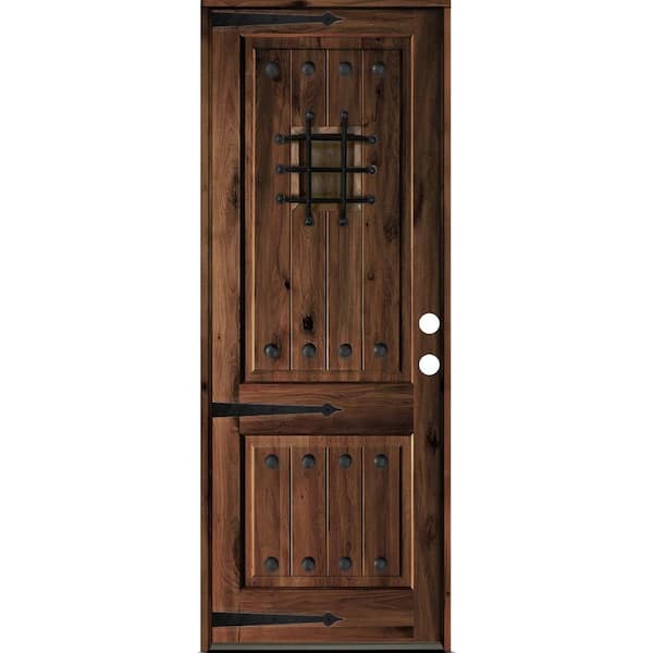 Krosswood Doors 42 in. x 96 in. Mediterranean Knotty Alder Left-Hand/Inswing Glass Speakeasy Grey Stain Solid Wood Prehung Front Door