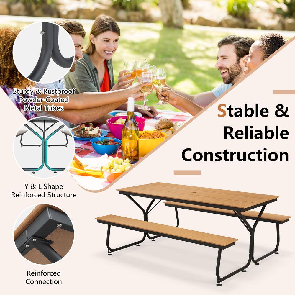 6FT Brown HDPE and Metal Outdoor Picnic Table Bench Set