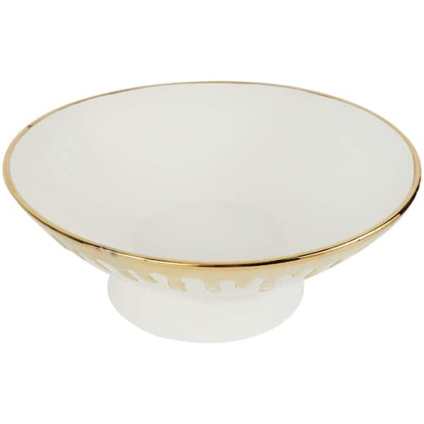 CosmoLiving by Cosmopolitan White Ceramic Decorative Bowl with Abstract Gold Melting Drips