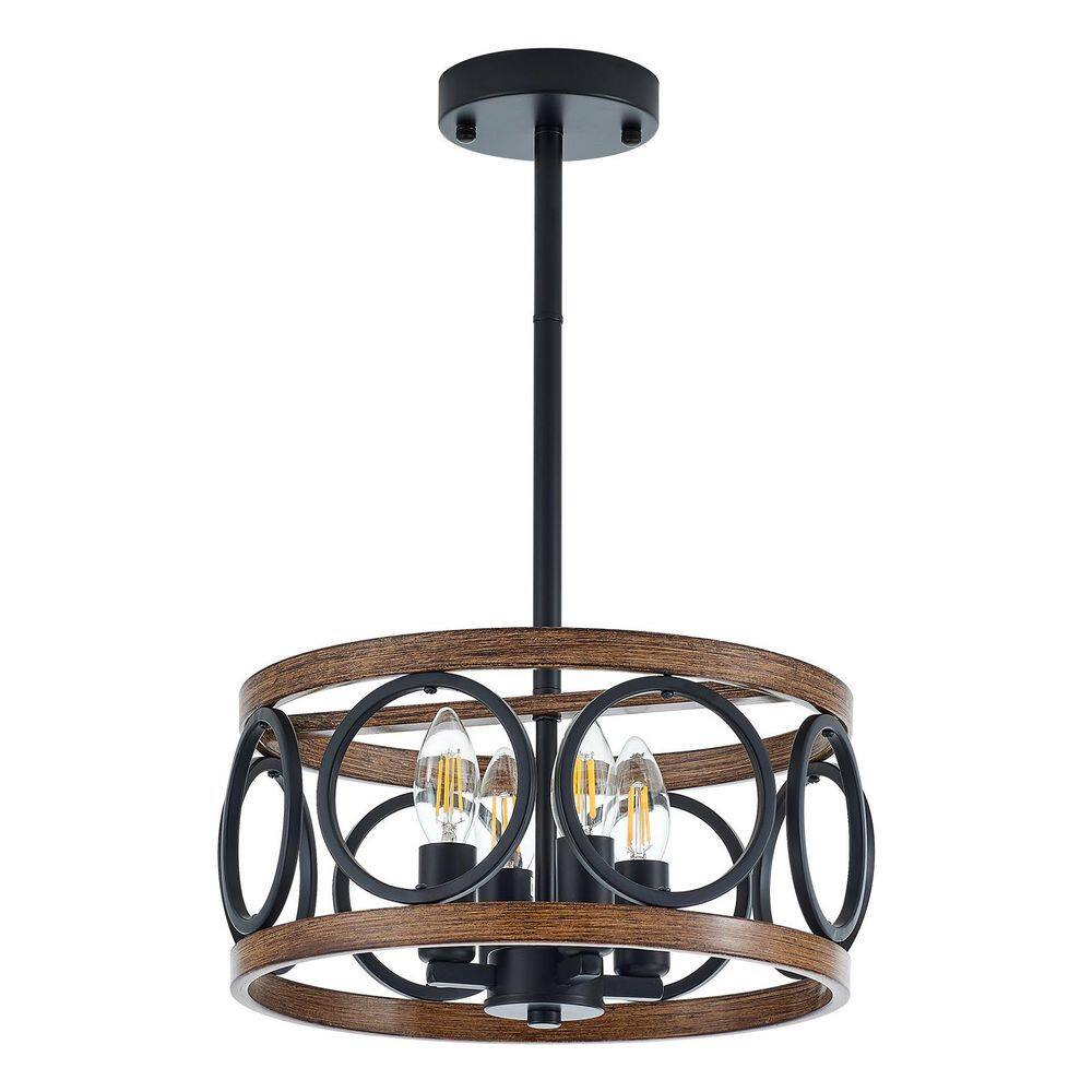 Modern Farmhouse 4-Light Black metal pole with brown wood Drum Chandelier for Dining Areas with No Bulbs Included price history on PriceWatchPro
