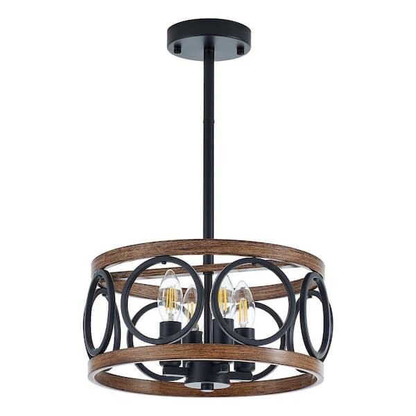 Modern Farmhouse 4-Light Black metal pole with brown wood Drum Chandelier for Dining Areas with No Bulbs Included