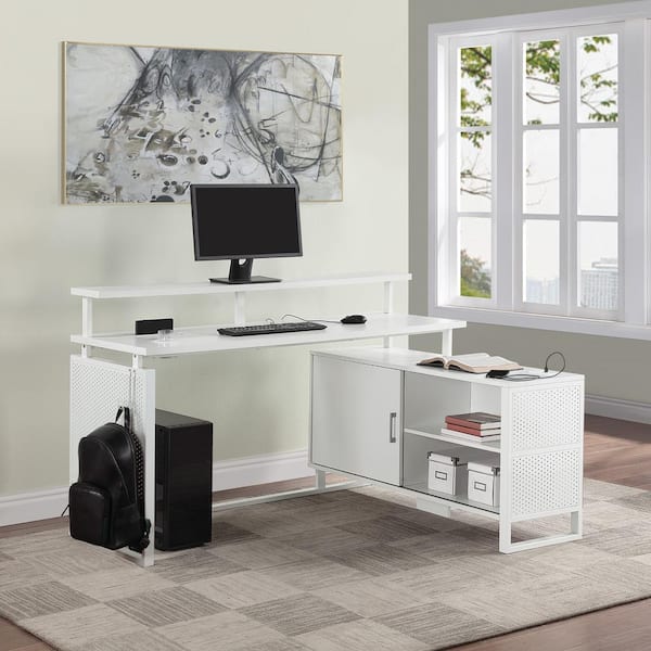 Ace 60.25 in. L-Shape White Writing Desk with Cabinets and Shelves