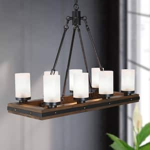 Farmhouse Kitchen Linear Wood Chandelier 8-Light Black Island Pendant Light with Gold Glitter and Frosted Glass Shades