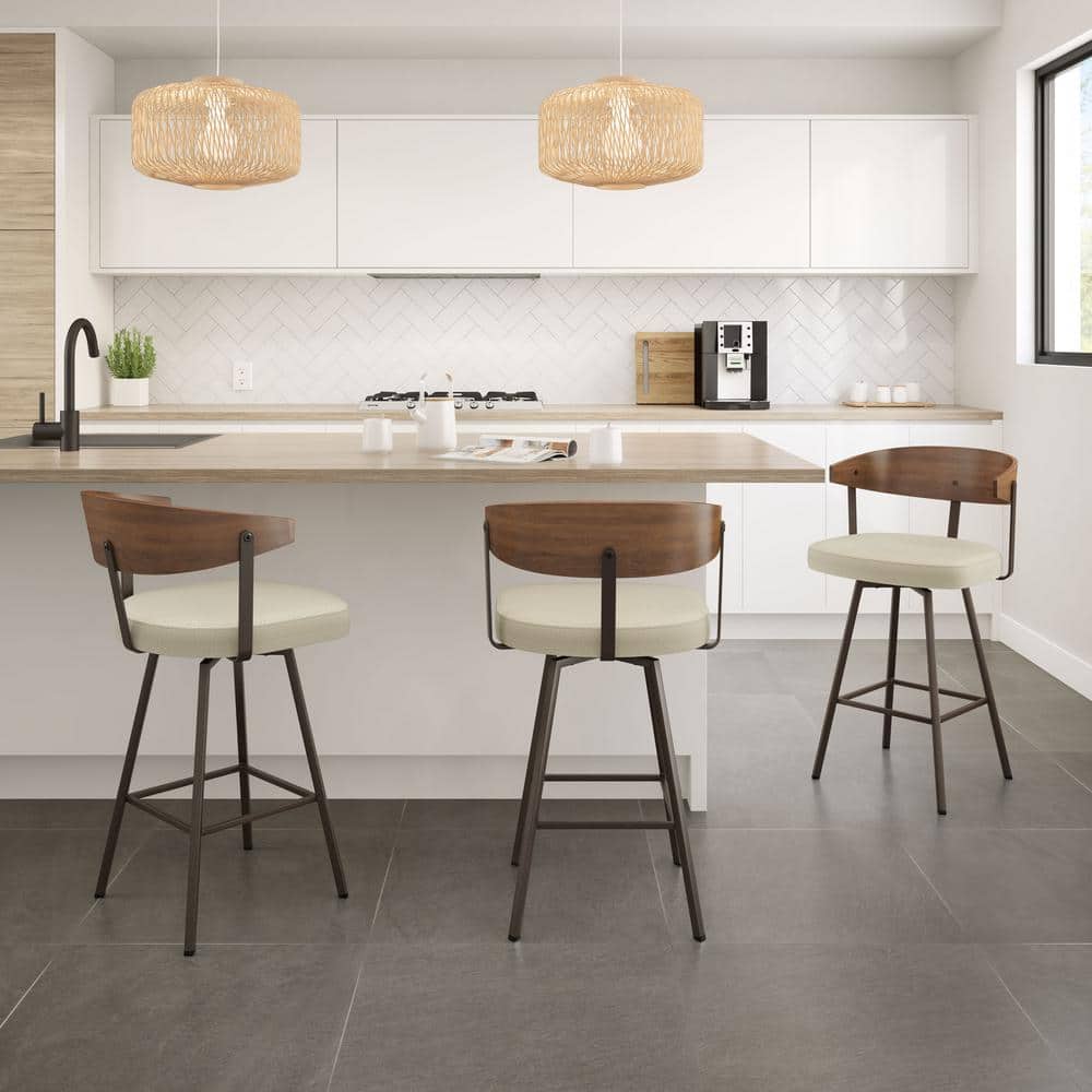 Cream and Dark Brown Swivel Counter Stool with Wooden Back