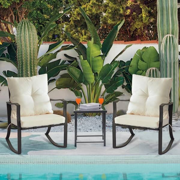 Zeus & Ruta 3-Piece Metal Outdoor Bistro Set Patio Conversation Set Glass Coffee Table and Beige Cushions