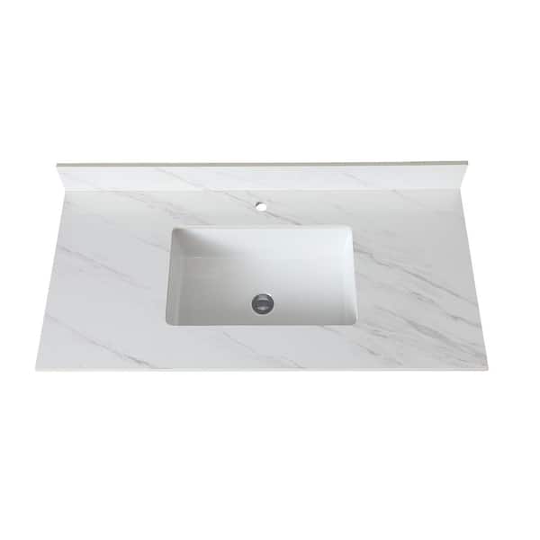 Unbranded 43 in. Undermount Marble Rectangular Bathroom Sink in White with 4 in Height Backsplash&Pre-drilled Faucet Single Holes