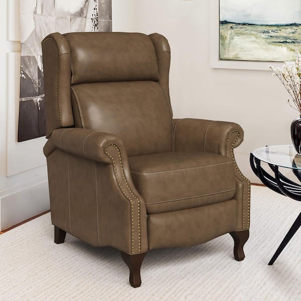 Balderich Mid-Century 35 in. Grayish-Brown Genuine Leather Recliner Armchair with Nailhead Accents
