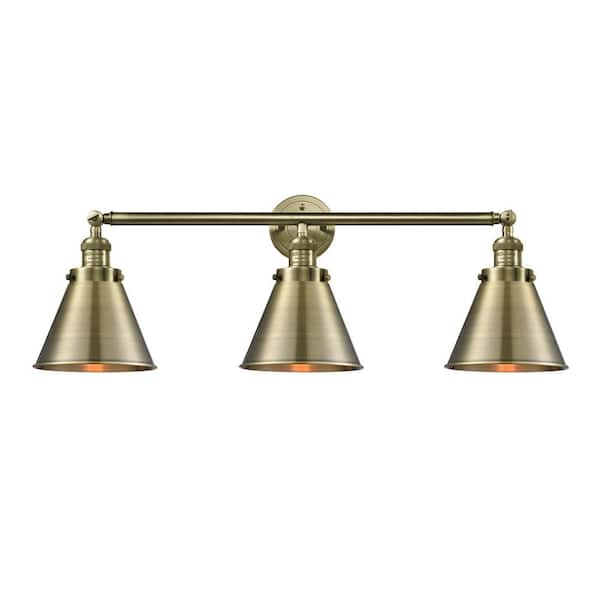 Appalachian 32 in. 3-Light Antique Brass Vanity Light with Antique Brass Metal Shade