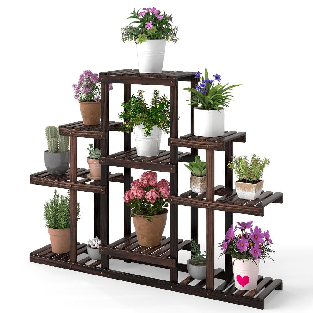 6-Tier Carbonized Pine Wooden Plant Stand Indoor Outdoor Corner Plant Shelf with 9 Pots Display Shelves price history on PriceWatchPro