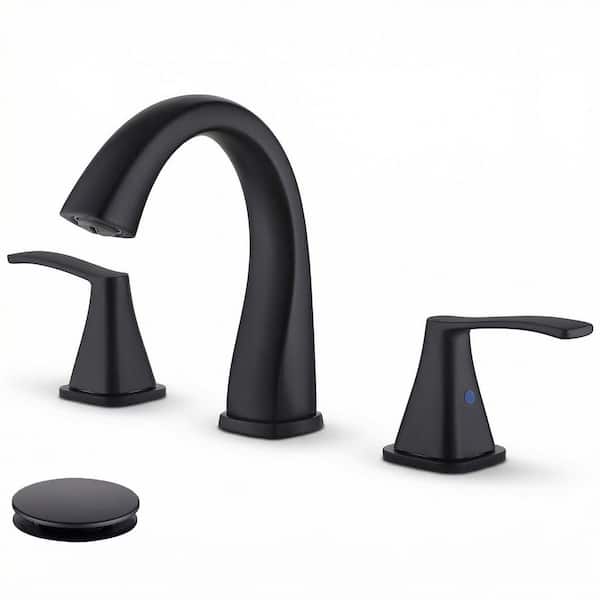 8 in. Widespread Double Handle Bathroom Sink Faucet 3 Hole with Stainless Steel Pop Up Drain and Hose in Matte Black