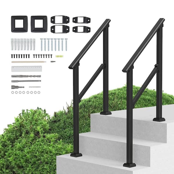 Handrails for Outdoor Steps 2-Piece 2-3 Step Stair Handrail Kit Transitional Carbon Steel Railings Black Square Tube