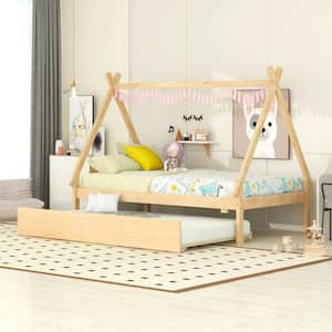 Tent Style Natural Wood Frame Twin Size Platform Bed, Teepee Bed with Twin Size Trundle, Triangle Structure
