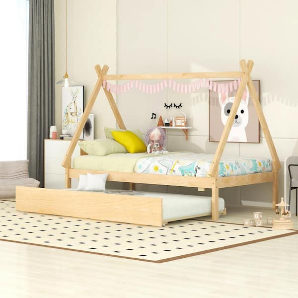 Harper & Bright Designs Tent Style Natural Wood Frame Twin Size Platform Bed, Teepee Bed with Twin Size Trundle, Triangle Structure