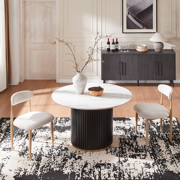 Modern 3-Piece Faux Marble Dining Table Top with Boucle Chairs in White Dining Room Set for Kitchen