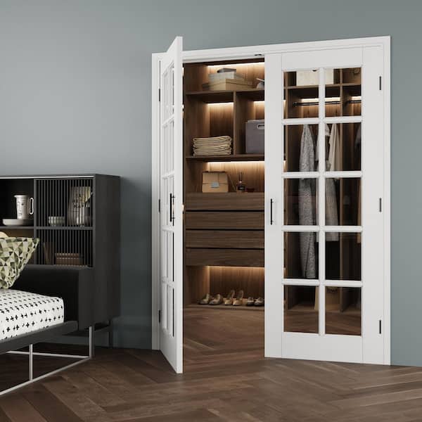 56 in. x 80 in. 10-Lite Clear Glass Universal Solid Core Glass Double Prehung French Door+ Separate Jamb&Ball Catch