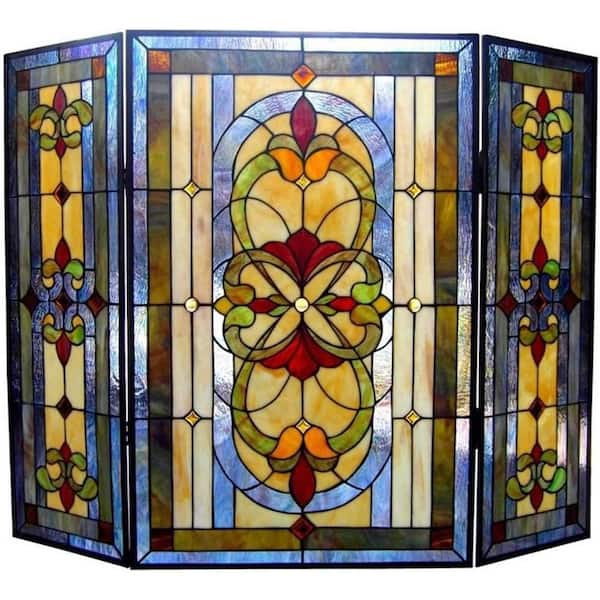 Multi Color Glass 3-Panel 31 in. Folding Fireplace Screen with Doors designed for durable glass and metal finish,