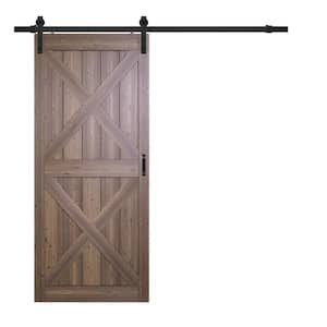 36 in. x 84 in. Gunstock Oak Double X Design Solid Core Interior Barn Door with Rustic Hardware Kit