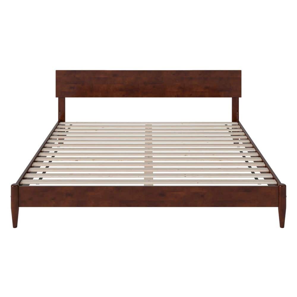 Aria King Walnut Wood Low Profile Platform Bed with Headboard
