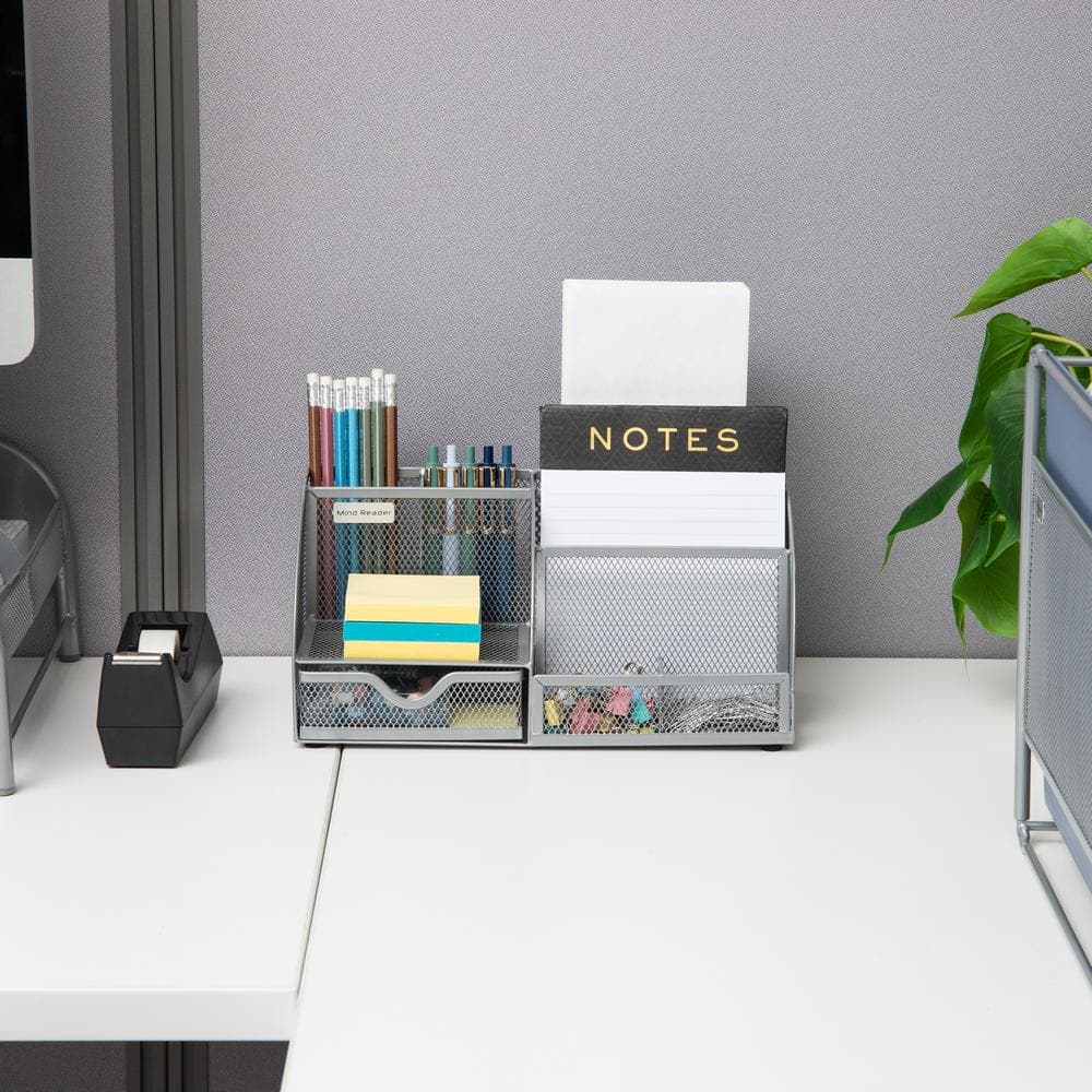 Silver Metal Mesh Multifunctional Desktop Organizer with 7 Compartments