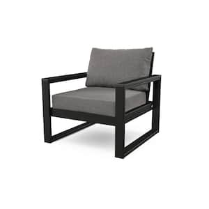 EDGE Black Stationary Plastic Patio Outdoor Lounge Chair with Grey Cushions