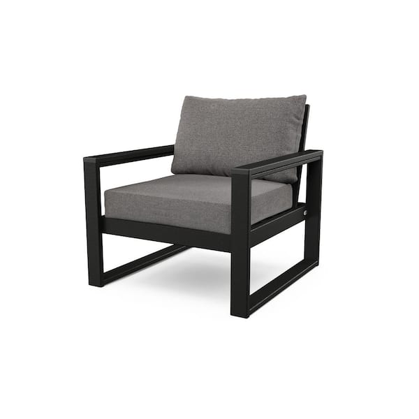 POLYWOOD EDGE Black Stationary Plastic Patio Outdoor Lounge Chair with Grey Cushions