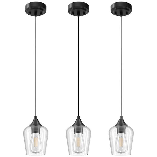 60-Watt 1 Light Matte Black Shaded Pendant Light Kitchen Island with Glass Shade E26 Base and Adjustable Cable (3-Pack)