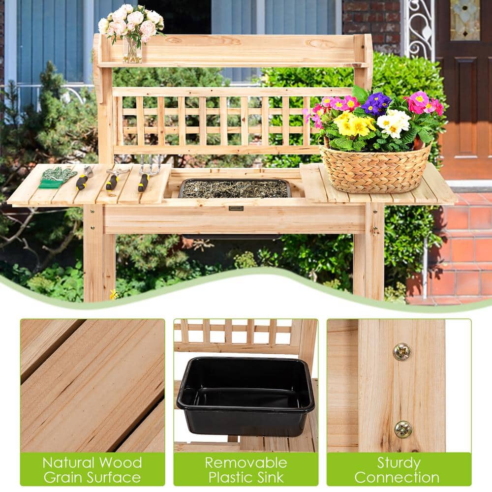 Natural Fir Wood Garden Potting Bench with Sliding Tabletop and Sink