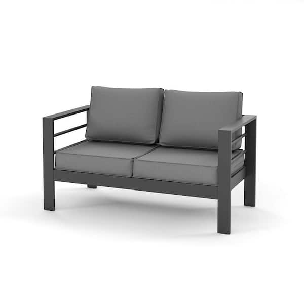1-Piece Charcoal Gray Aluminum Patio Conversation Loveseat with Gray Cushions