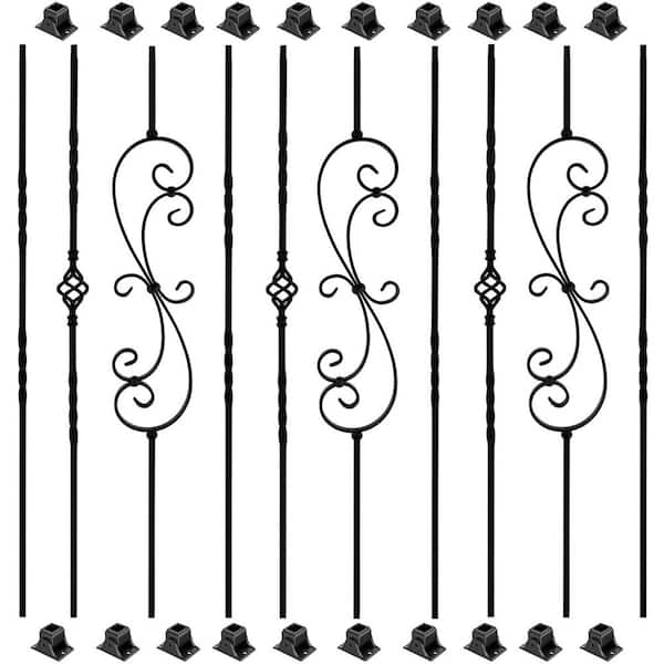 44 in. H x 0.5 in. W Black Wrought Iron Stair Railing Kit with Decorative Balusters and Swivel Shoes 10-Pack Aluminum